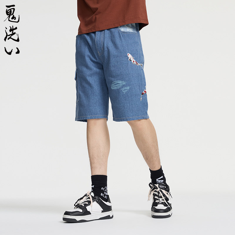 ONIARAI/鬼洗25春夏棒系列双面印拼布锦鲤仿牛仔短裤男式 25N0545