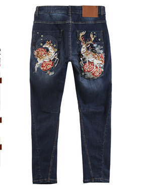 ONIARAI/鬼洗秋季泥棒蓝奈良鹿绣花男士直筒刺绣牛仔裤 20N0644