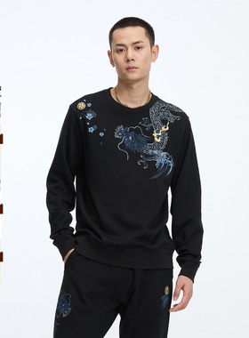 ONIARAI/鬼洗25秋季新品泥棒蓝龙影绣花圆领休闲卫衣男式 N24U201