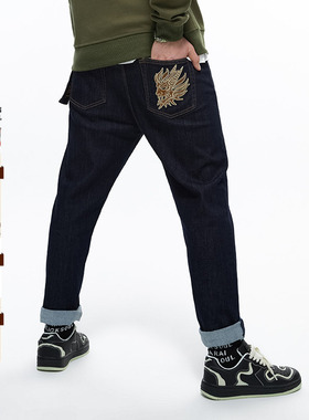 ONIARAI/鬼洗秋冬新品街头休闲男式鬼头刺绣原色牛仔裤 23B4428