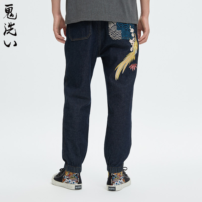 ONIARAI/鬼洗24新秋冬泥棒蓝金凤凰刺绣束脚男式牛仔裤  24N7401