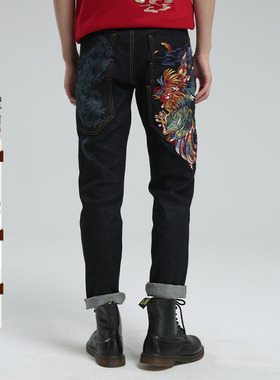 ONIARAI/鬼洗春季新品泥棒蓝斗鸡绣花直筒牛仔裤男士长裤21N7401