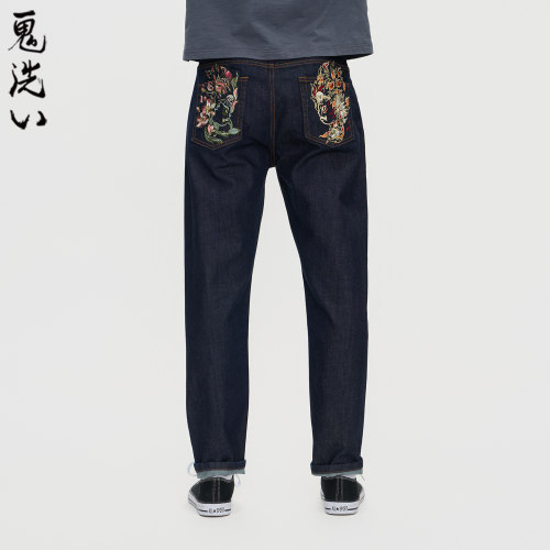 ONIARAI/鬼洗26春季新品地藏小王花卉火焰刺绣牛仔长裤男 25J4410