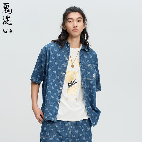ONIARAI/鬼洗鬼24春夏新老花玫瑰镭射情侣牛仔短袖衬衫男 B740025