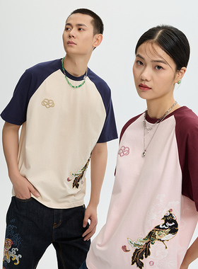 ONIARAI/鬼洗24秋冬泥棒蓝同心喜鹊亮片绣花男女短袖T恤 24NOB41