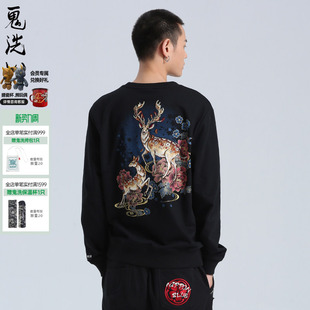 oniarai鬼洗AW泥棒蓝奈良鹿刺绣男士 20NOB58 圆领套头卫衣