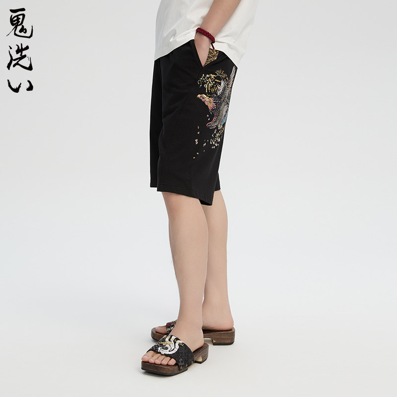 ONIARAI/鬼洗24春夏泥棒蓝月下鹰刺绣针织男式休闲短裤 N540149