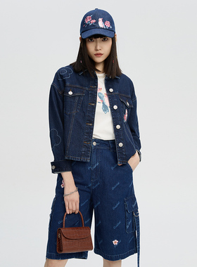 ONIARAI/鬼洗24春夏新品泥棒蓝女款玫瑰鹦鹉刺绣牛仔夹克 N340182