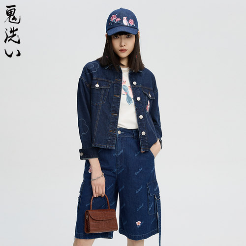 背面刺绣常规长度牛仔外套鬼洗