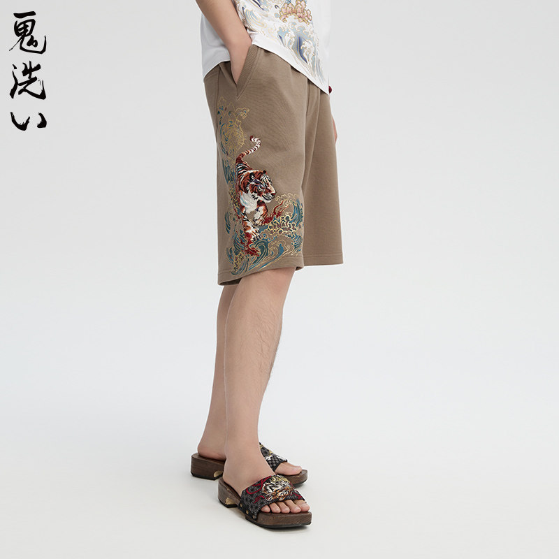 ONIARAI/鬼洗24春夏新品泥棒蓝雷火兽刺绣针织男士短裤 N540152