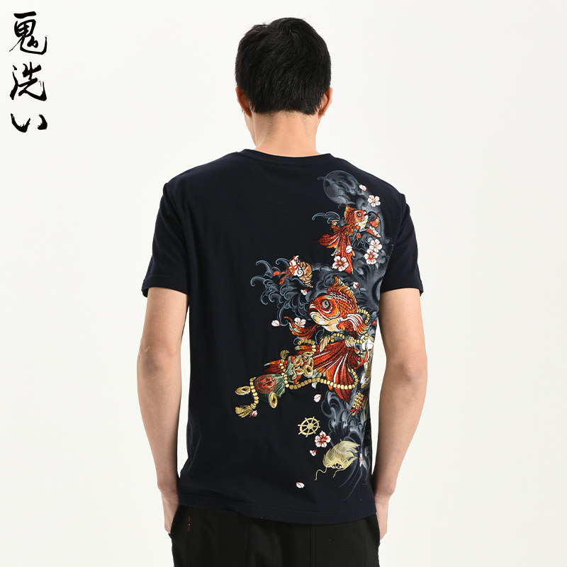 ONIARAI/鬼洗夏季 泥棒蓝八宝金鱼刺绣短袖T恤男 20NOB30