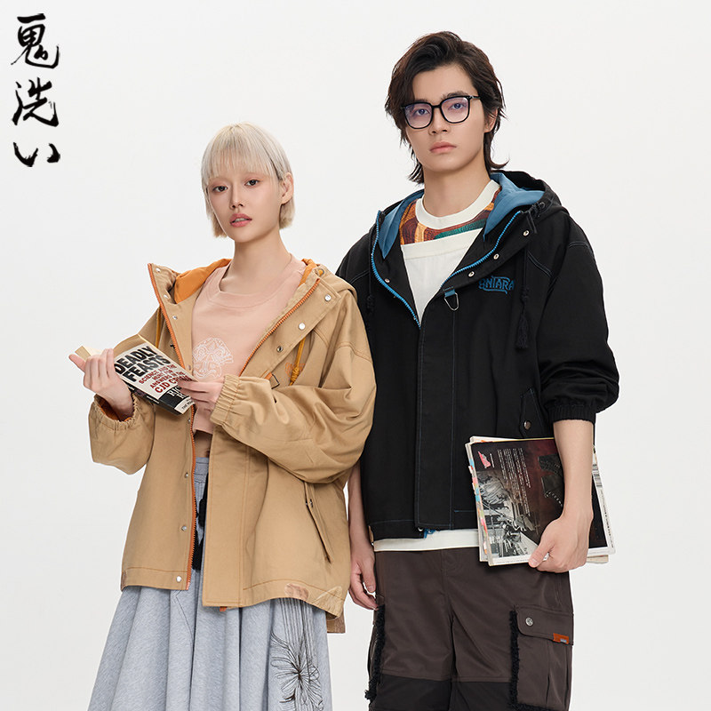 ONIARAI/鬼洗25秋冬黑标石器时代图腾双层连帽外套男女 A340016