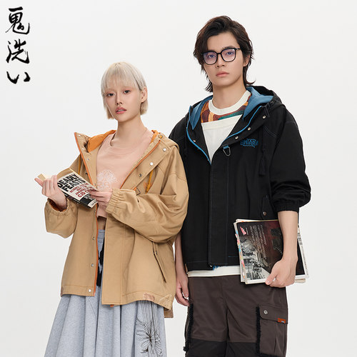 ONIARAI/鬼洗25秋冬黑标石器时代图腾双层连帽外套男女 A340016