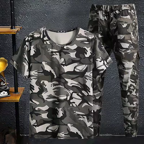 Летний спортивный костюм, трендовая универсальная футболка с коротким рукавом, камуфляжные штаны для отдыха