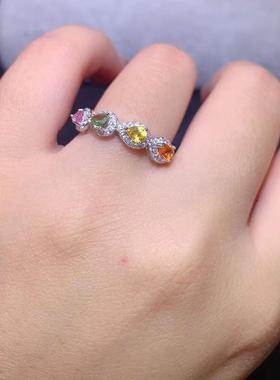 天然彩色蓝宝石S925银镶嵌戒指