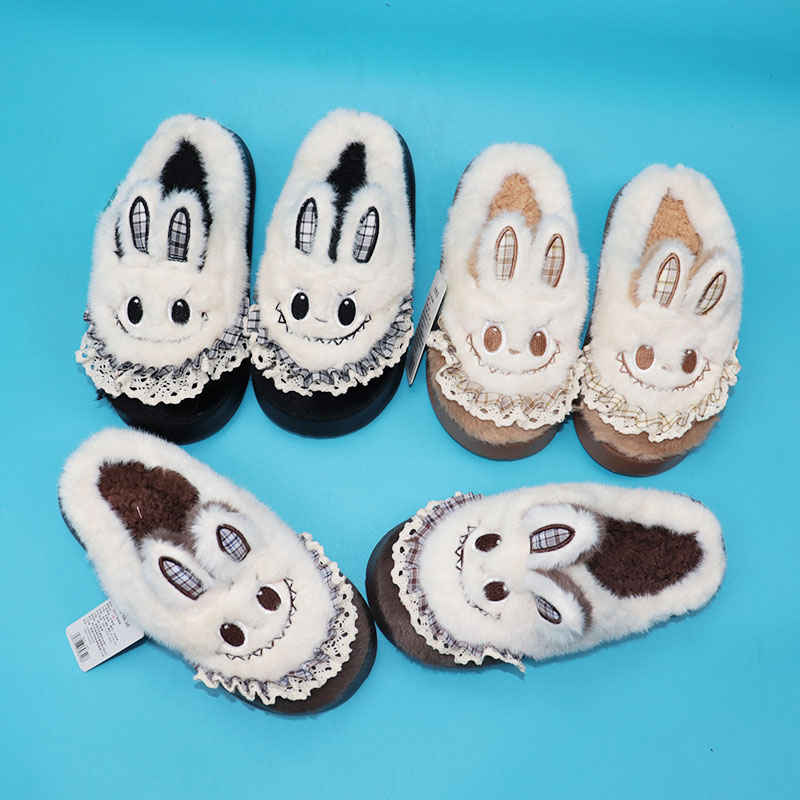 花边长耳兔毛绒女士棉拖鞋