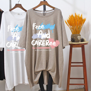 长款 胖mm200斤夏季 竹节棉圆领显瘦遮肉上衣慵懒风 女t恤短袖 大版