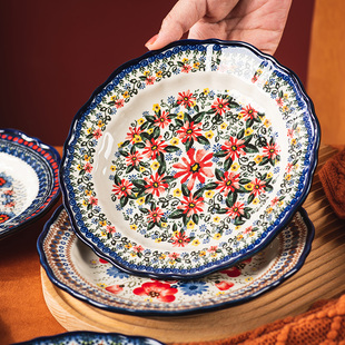 波兰餐盘菜盘子家用陶瓷复古餐具早餐盘饺子盘新款 深盘牛排餐盘