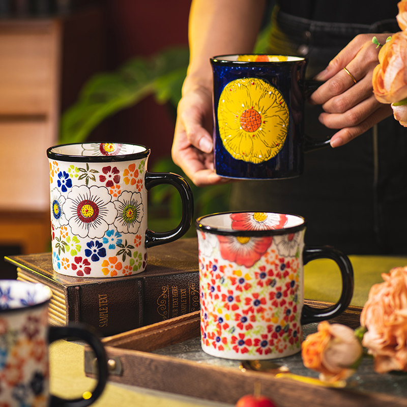 手绘杯子陶瓷马克杯复古办公室水杯家用早餐杯高颜值情侣杯咖啡杯,餐饮具,马克杯,淘宝优惠券,粉丝福利购,淘宝优惠卷