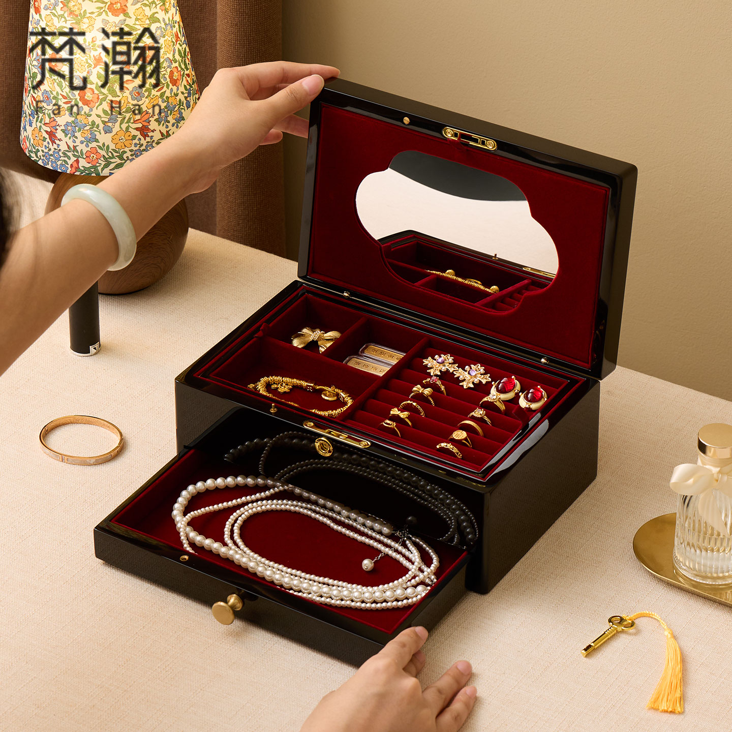 梵瀚 烤漆首饰盒带锁带镜轻奢高档新婚圣诞节礼物黄金珠宝饰品盒
