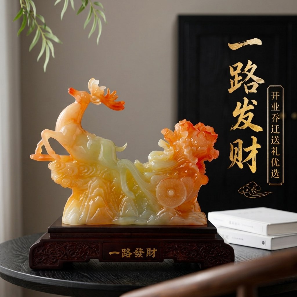 仿玉石梅花鹿摆件 客厅玄关现代中式装饰 乔迁礼物