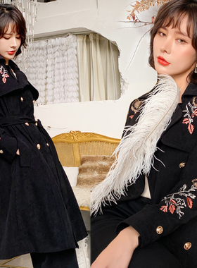 设计师欧洲走秀法式宫廷风复古刺绣修身双排扣黑色风衣外套女春秋