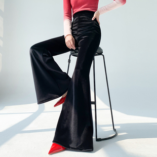 AKSAYA港风复古时髦洋气金丝绒微喇裤加厚黑色长裤高腰裤子秋冬季