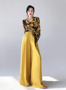 AKSAYA高级感薄款黄色拖地高腰阔腿裤垂感休闲裤梨形身材女春夏季