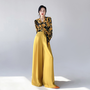 AKSAYA高级感薄款 黄色拖地高腰阔腿裤 垂感休闲裤 梨形身材女春夏季