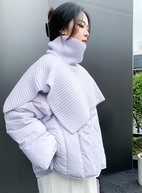 AKSAYA时尚气质宽松蝙蝠袖带围脖浅紫色羽绒服外套女2025冬季新款