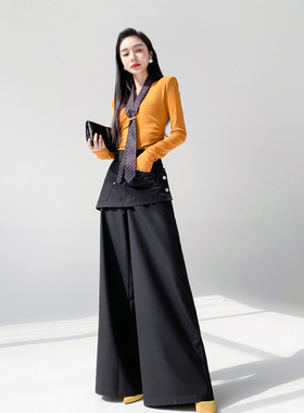 AKSAYA高级感设计感修身时尚黄色针织衫带领带上衣女春季2026新款