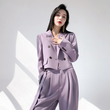 AKSAYA高级设计感小众时尚紫色短款西装套装二件套女2024春季新款