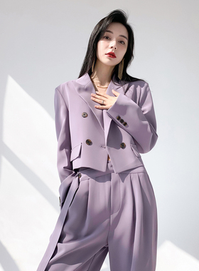 AKSAYA高级设计感小众时尚紫色短款西装套装二件套女2025春季新款