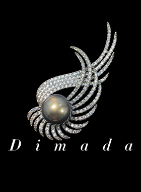 d667羽毛翅膀重工仿南洋珍珠正圆12mm时尚设计感胸针胸花别针女