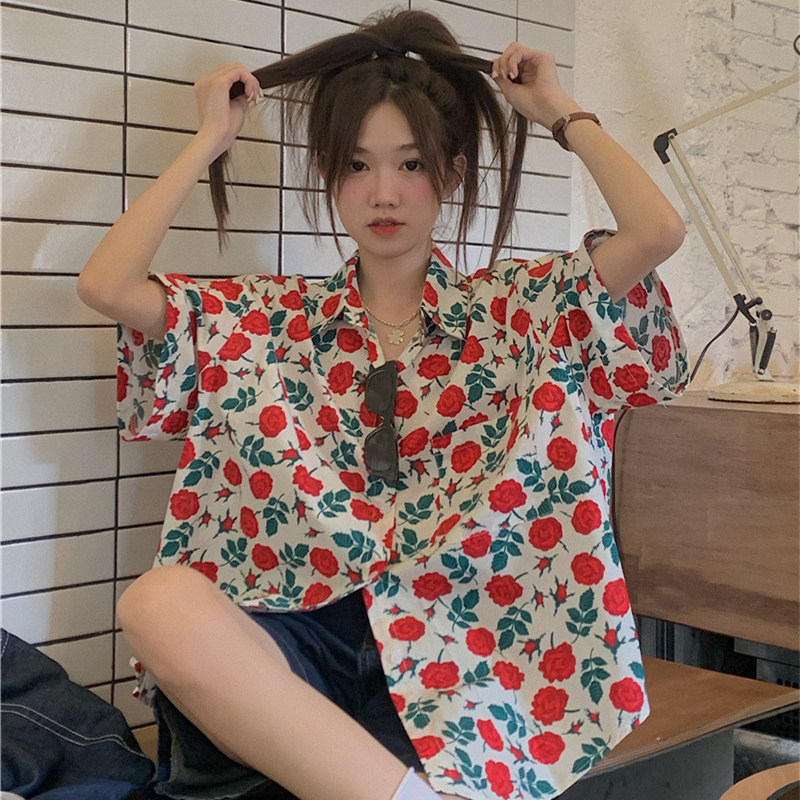 港风复古玫瑰花衬衫男女情侣