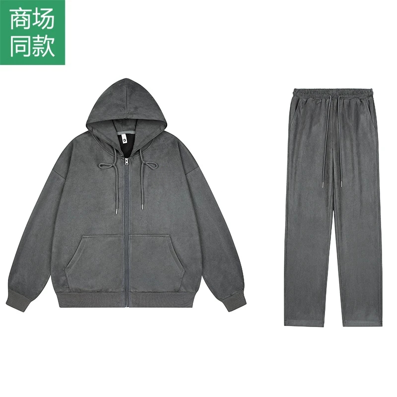 2025冬季加绒套装潮流百搭连帽加绒卫衣套装休闲直筒连帽男女套装