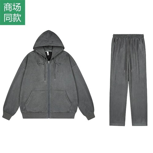 2025冬季加绒套装潮流百搭连帽加绒卫衣套装休闲直筒连帽男女套装