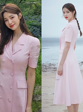 赵茹珍同款西装领连衣裙2024夏正式场合亚麻通勤遮肉显瘦a字裙