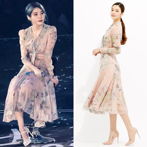 温柔风连喇叭裙丝绸花卉印花丝带