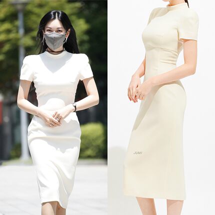 金素妍同款短袖高领连衣裙女2025夏修身显瘦包臀裙小个子紧身裙
