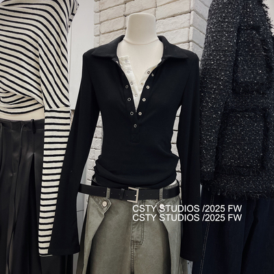 ROW风polo领撞色假两件打底长袖T恤女秋季新款修身显瘦内搭上衣潮