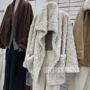 松弛感大翻领皮毛一体外套女秋冬气质感环保皮草毛毛中长款 大衣潮