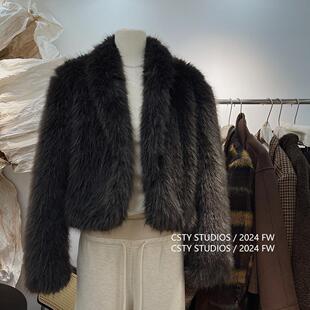 复古小翻领环保草草短款外套女秋冬新款小众高级感毛茸茸上衣潮