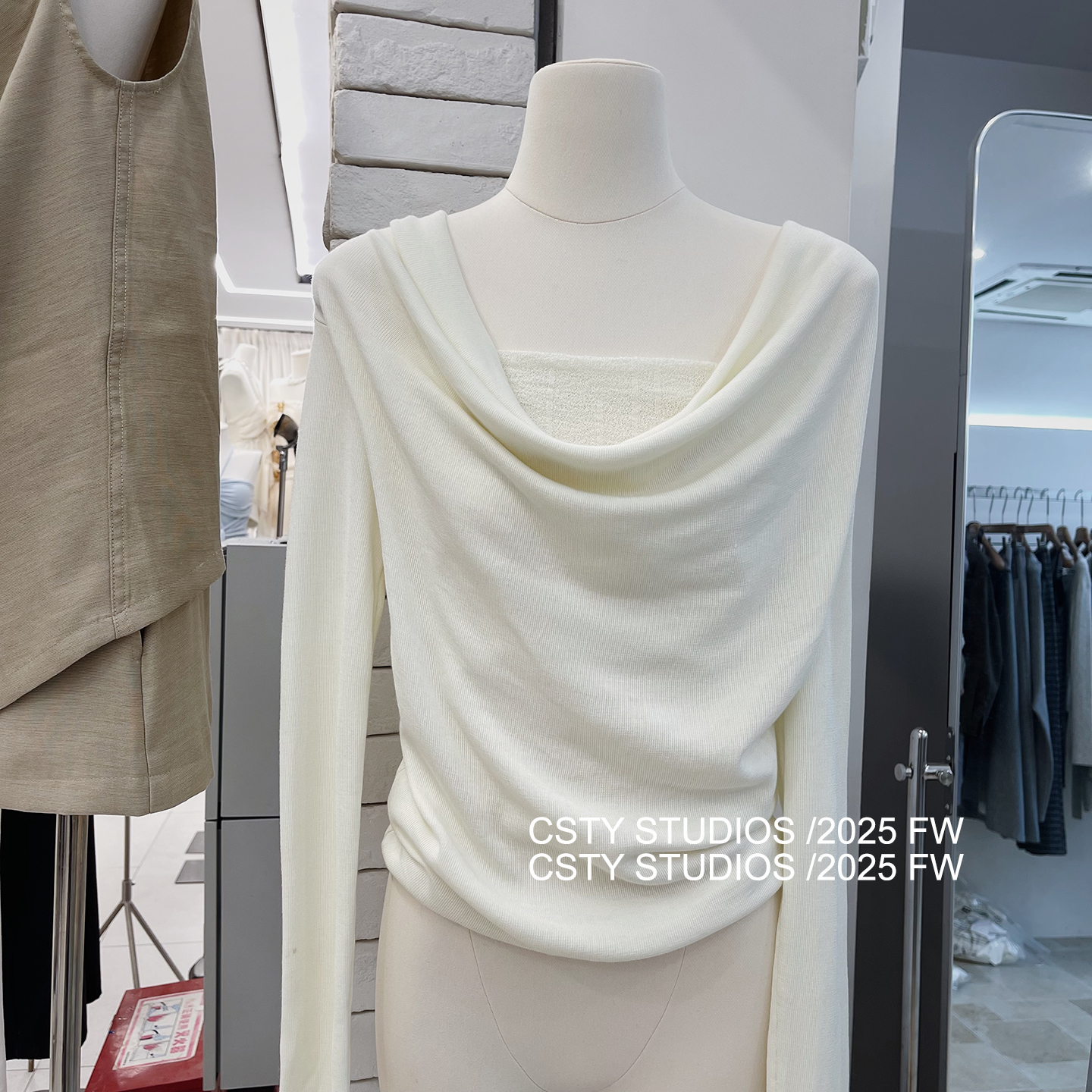 松弛感假两件荡领长袖针织衫女秋季新款时髦百搭法式打底衫上衣潮