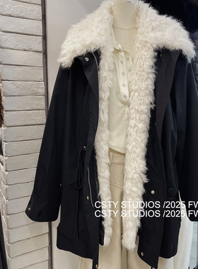 懒风中古毛领可拆卸夹棉两穿派克外套女冬季保暖廓形工装上衣潮
