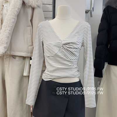 法式设计感V领条纹扭结长袖T恤女春季新款修身显瘦百搭打底衫上衣