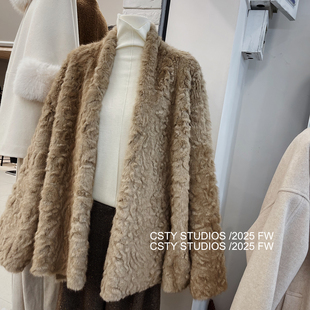 上衣 环保毛毛外套女秋冬时髦小众大版 松弛感蝙蝠袖 皮毛一体披肩式