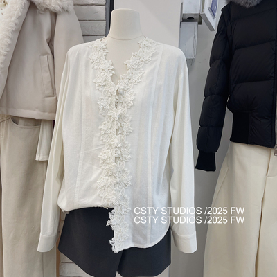 法式V领立体蕾丝花边拼接衬衫女春季新款设计感休闲长袖上衣潮