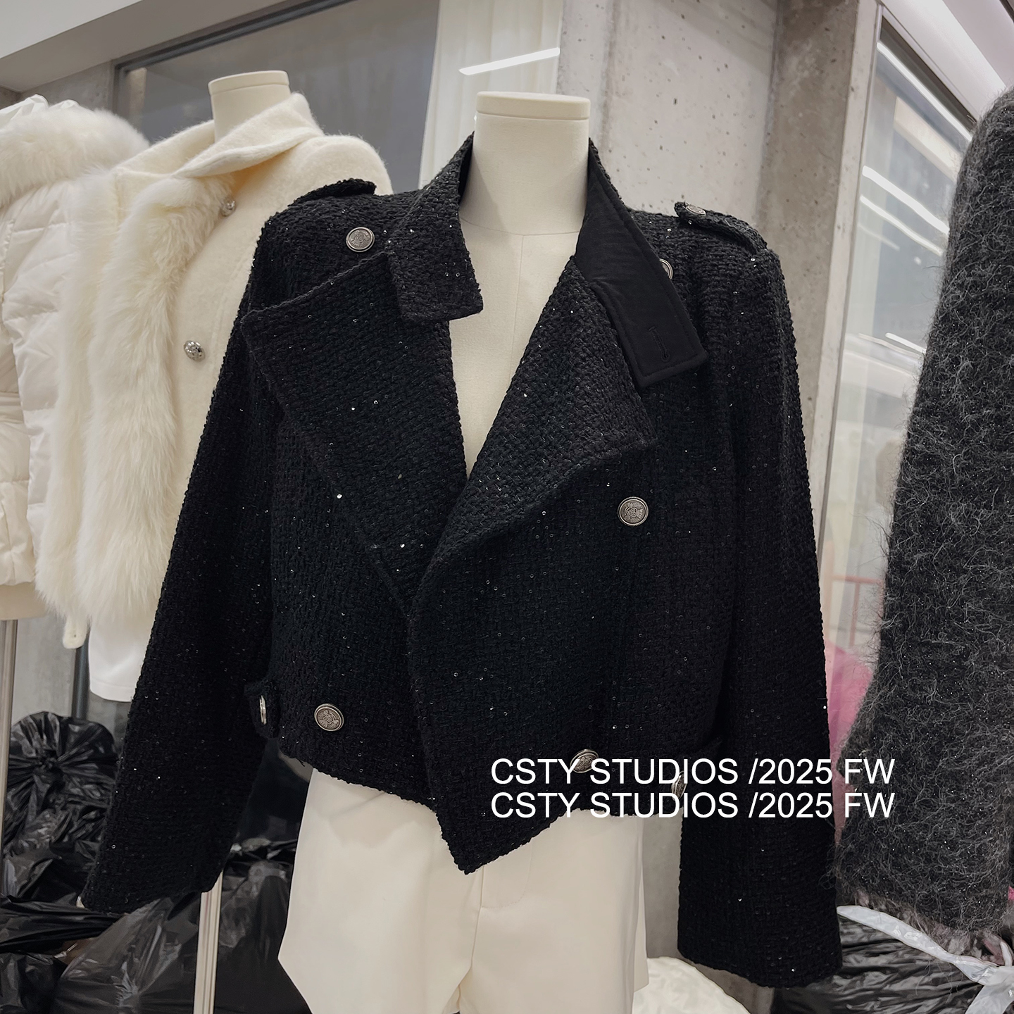 香香子千金风黑色别致亮片外套女秋冬新款气质短款机车夹克上衣潮