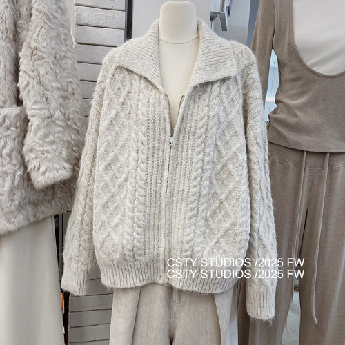 复古氛围感气质翻领麻花拉链毛衣外套女秋冬新宽松针织开衫上衣潮